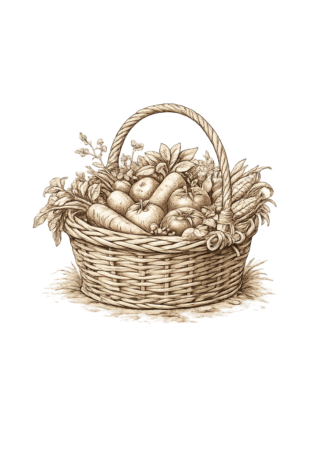Vintage sketch of a wicker basket brimming with vegetables