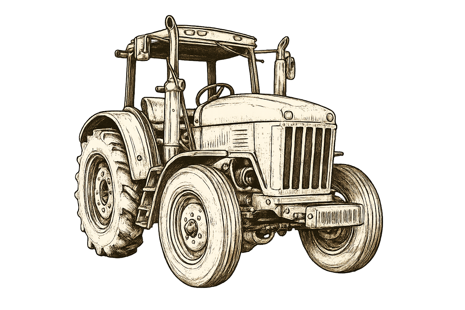 Hand-drawn sketch of a vintage farm tractor